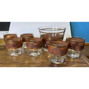 Culver Tortoise w/22k Gold Trim 6 Lowball Rock Glasses & Ice Bowl Set MCM